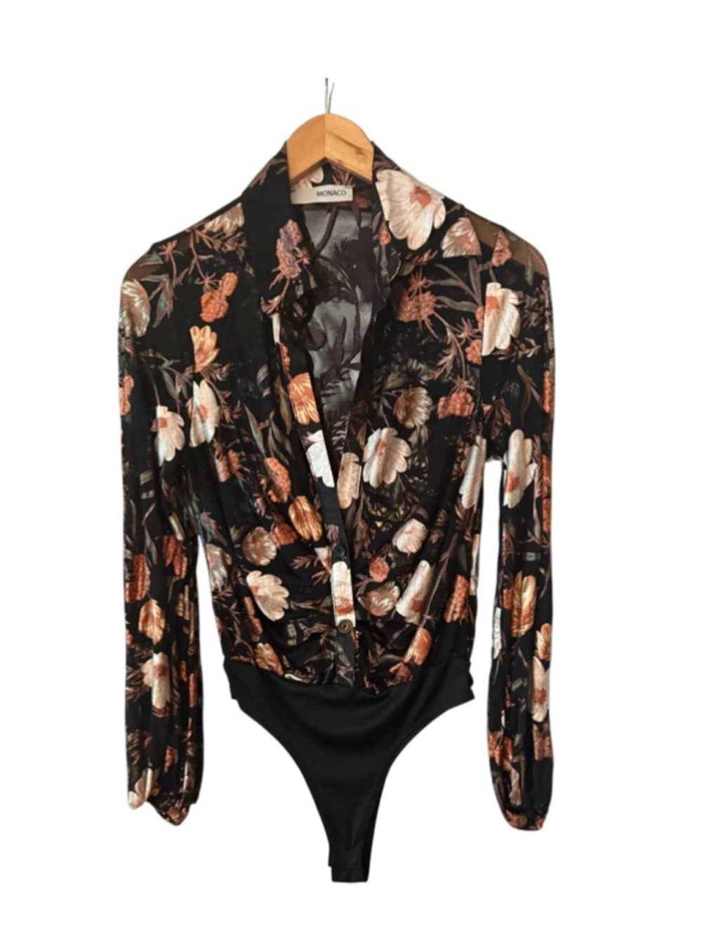 Women's MONACO Black & Orange Floral Long Sleeve Shear V Neck Bodysuit
